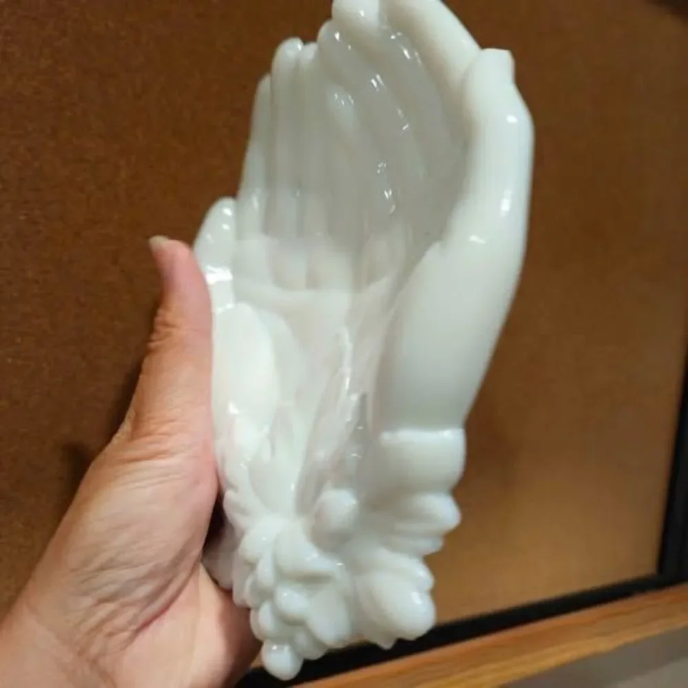 Milk Glass Cupped Hands Dish with Grape Design